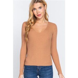 ACTIVE BASIC V-Neck Fitted Viscose Rib Knit‎ Top